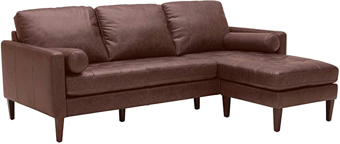 Amazon Brand – Rivet Aiden Mid-Century Leather Sectional with Tapered Wood Legs, 86"W, Dark Brown