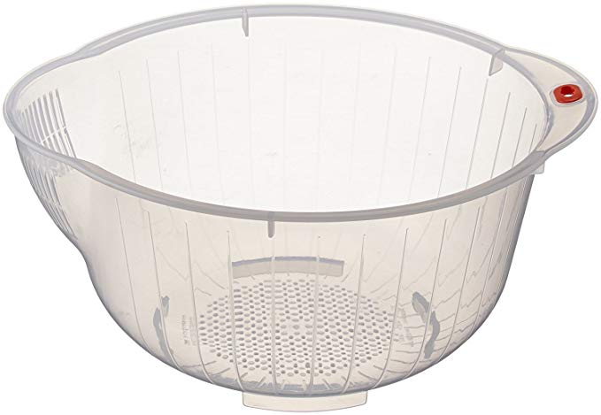 Inomata Japanese Rice Washing Bowl with Side and Bottom Drainers, Clear 2 PACK
