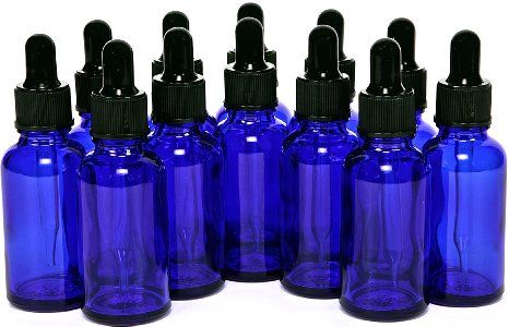 12 New, High Quality, 1 oz Cobalt Blue Glass Bottles, with Glass Eye Droppers