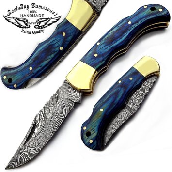 Beautifull Blue Wood 6.5'' Handmade Damascus Steel Folding Pocket Knife With Back Lock 100% Prime Quality