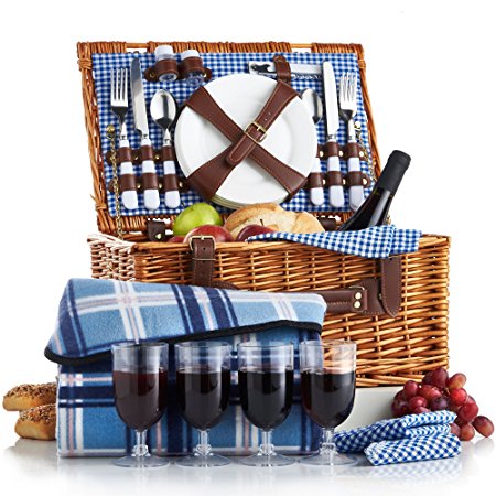 VonShef - 4 Person Wicker Picnic Basket Hamper Set with cutlery, plates, wine glasses and picnic blanket included - blue checked pattern lining