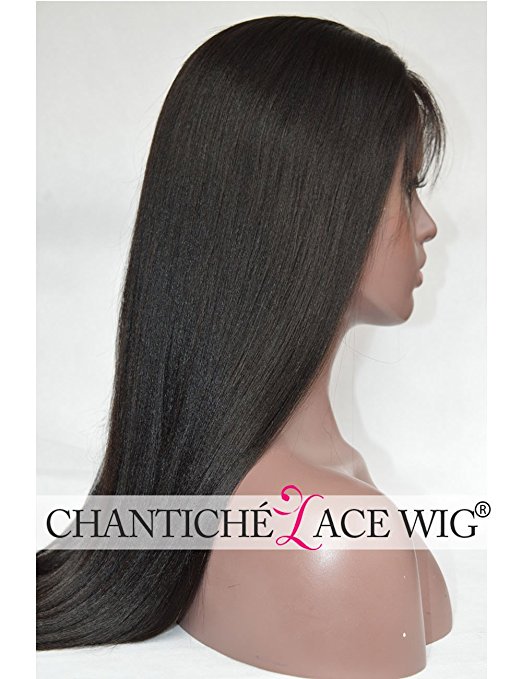 Chantiche Glueless 130 Density Brazilian Remy Light Yaki Straight Human Hair Lace Front Wigs, 14-Inch, Jet Black #1 and Medium Brown Lace Color