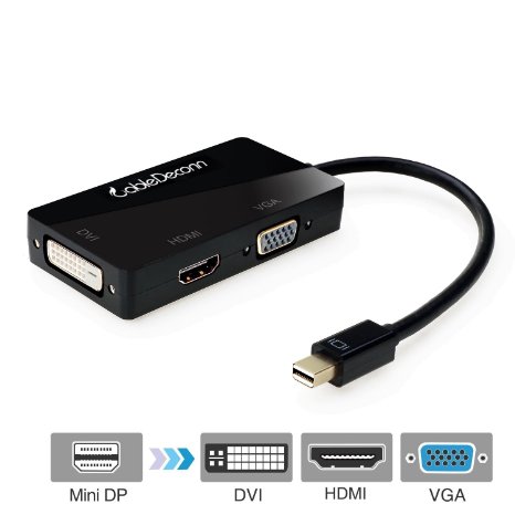 CableDeconn Gold Plated Multi-Function Mini Displayport(Thunderbolt Port Compatible)to DVI/VGA/HDMI TV AV HDTV 3-in-1 cable in Black