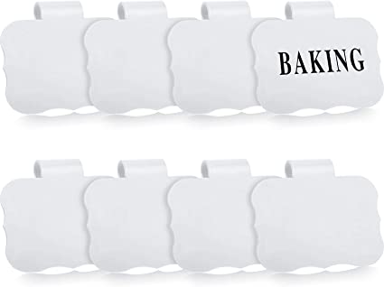 8 Pieces Kitchen Clip Label Holders Removable Acrylic Bin Clips with 40 Pieces Pantry Labels Stickers for Storage Baskets (White Label Holders and Black Words)