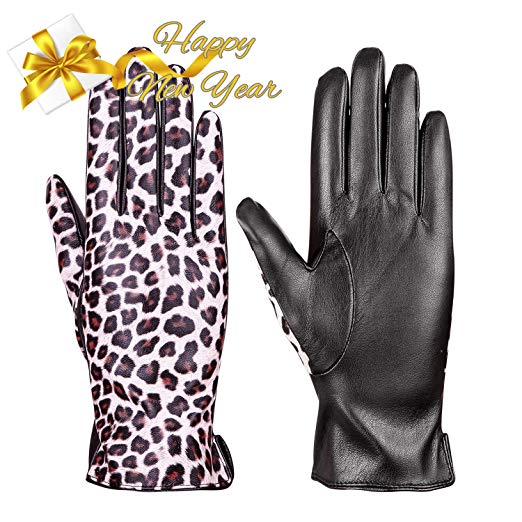 MEZETIHE Women Winter Lambskin Leather Gloves Ladies Touch Screen Texting Warm Driving Leopard Bow Gloves with Cashmere