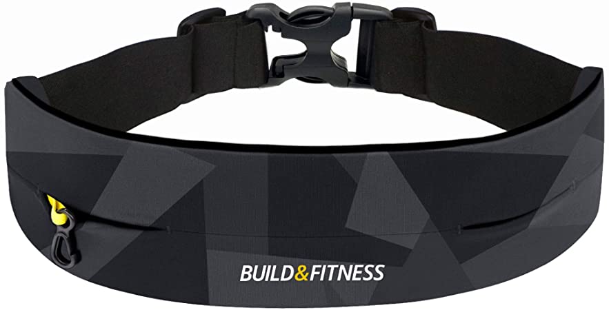 Build & Fitness Running Belt – Adjustable Waist Pack, Slim, Comfortable with Secure Key Clip – Fits all Phone models, Keys, Cards, Fuel gels – Fits Men and Women – Run, Jog, Gym workout, Cycle, Hiking