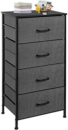 KINGSO Fabric 4 Drawer Dresser Storage Tower Organizer Unit with Sturdy Steel Frame and Easy-Pull Faux Linen Drawers for Bedroom Living Room Guest Room Dorm Closet - Dark Gray