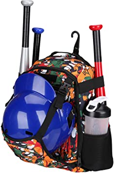 ZOEA Youth Baseball Bat Bag Backpack, T-Ball & Softball Equipment & Gear for Youth, Large Capacity Holds 2 Bats, Helmet, Gloves, Cleats, Helmet Holder and Includes Fence Hook