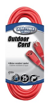 Coleman Cable 02407 14/3 SJTW Vinyl Outdoor Extension Cord, Red, 25-Foot