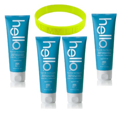 (4 Pack) Hello Toothpaste, Supermint, 5 Oz with Fluoride, Vegan and ADA Approved   LiveMyLife Wristband (Supermint, 4 X 5 OZ)