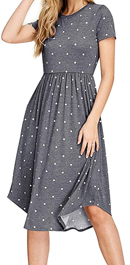 YUNDAI Women's Summer Short Sleeve Pleated Polka Dot Pocket Loose Swing Casual Midi Dress