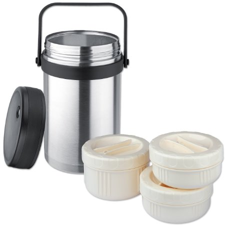 Isosteel VA-9683 1.5 liter 51 fl. oz 18/8 Stainless Steel Double-Wall Vacuum Food Container incl. 3 plastic containers