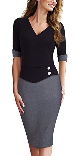 HOMEYEE Women's Official Wear to Work Half Sleeve V Neck Pencil Bodycon Dress B364