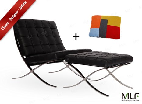 MLF® Knoll Barcelona Chair & Ottoman (5 Colors). Superior Craftsmanship. Italian Leather, High Density Foam Cushions & Seamless Visible Corners. Polished Stainless Steel Frame Riveted with Cowhide Saddle Straps, Resistance to Chipping, Corrosion & Rust.(Black)