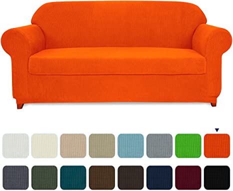 subrtex Sofa Cover 2 Piece Stretch Couch Slipcovers Furniture Protector for Armchair Loveseat Washable Soft Jacquard Fabric Anti Slip, Medium, Orange