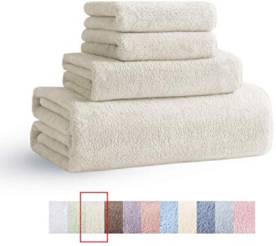 Xinrjojo 4 Piece Towel Sets, 1 Bath Towel 1 Hand Towel and 2 Washcloths, Microfiber, Super Soft, Highly Absorbent, and Pool Gym Towels Set-Beige
