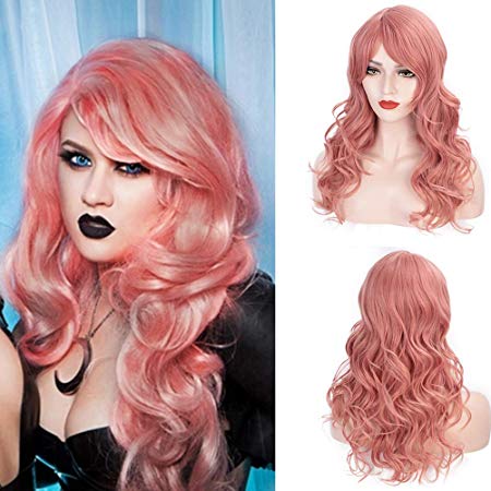 AISI HAIR Long Wavy Pink Wig with Bangs Mix Color Women Girls Custom Cosplay Halloween Party Wigs Synthetic Heat Resistant Hair Full Wigs (Orange Pink Mixed Color,20 inches)
