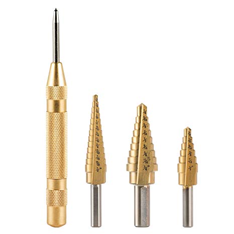 CO-Z 3PCS Titanium Step Drill Bit with Automatic Center Punch, High Speed Steel 3-Piece Drill Bits Set for Sheet Metal Aluminium, 28 Sizes of Multiple Hole Stepped Up Bits