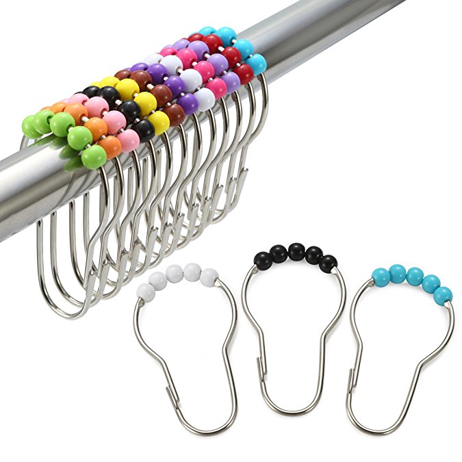 Amazer Plastic Roller Stainless Steel Shower Curtain Hooks, Set of 12, Colorful