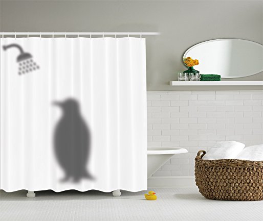 Animals Decor Funny Shower Curtain by Ambesonne, Penguin Shadow Fun Funny Shower Curtain Fabric with Hooks 69 X 70 Inches White Gray