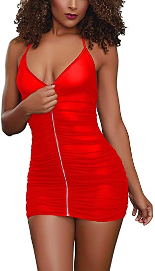 Women See Through Lingerie Sexy Stretch Sheer Mesh Babydoll Ruched Mini Dress Halter Zipper Chemise