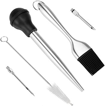welltop Turkey Baster Set-18/8 Stainless Steel Turkey Baster Syringe with 2 Injector Needles for Flavor, BBQ Basting Brush with Silicone Brush Head, Cleaning brush, for Thanksgiving Christmas, Black