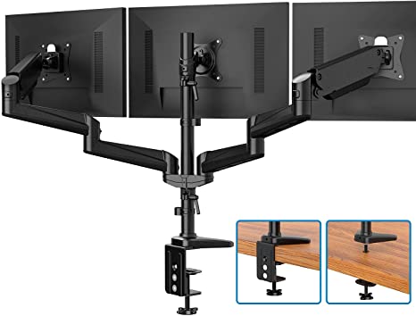 Triple Monitor Stand - Full Motion Articulating Aluminum Gas Spring Monitor Mount Fit Three 17 to 32 inch LCD Computer Screens with Clamp, Grommet Kit, Black