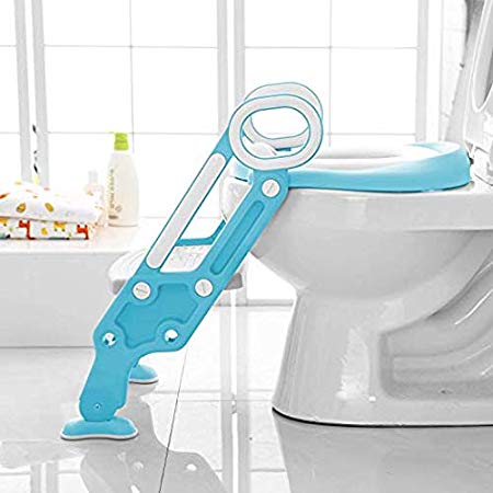 Toilet Ladder Potty Shelf Stool,Foldable Training Soft Seat for Kids, Adjustable Footrest, with Non-Slip Steps & Anti-Slip Pads Potty Step for Baby, Toddlers and Child, Blue and White