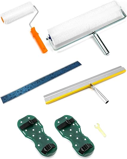 QWORK Self-Levelling Cement Tool Kit, Floor Construction Roller Spike Shoes, Epoxy Floor Paint Tool, Stainless Steel Scraper Self-Leveling Rake