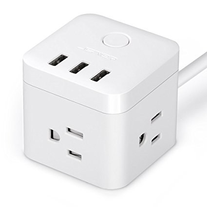 JSVER 3 Outlet Compact Cube Power Strip with 3 Smart USB Charging Ports and a 4.92Ft Cable, White