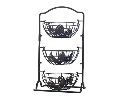 Gourmet Basics by Mikasa 5217598 Rooster 3-Tier Metal Fruit Storage Basket, Countertop, Antique Black