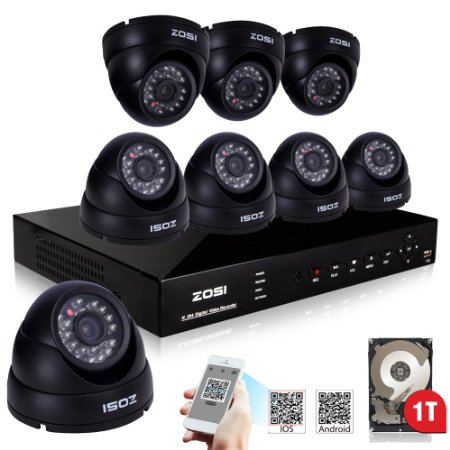ZOSI 900TVL Security Camera System 8CH Video DVR Recorder 8 IndoorOutdoor Hi-Resolution Night Vision Surveillance Camera 1TB Hard Drive Included8CH - 8 Camera