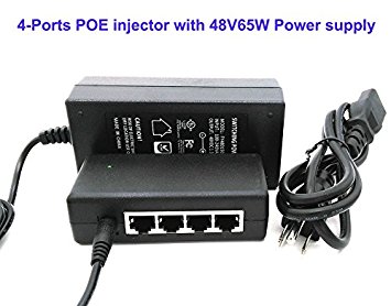 iCreatin 4-Ports Passive Power over ethernet PoE injector Adapter with 48V65W Power supply for 4 IP Camera, VOIP phones or Access Points and more