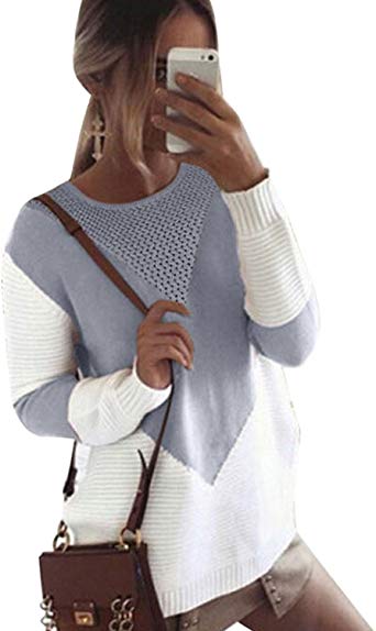 shermie Sweaters for Women Long Sleeve Crew Neck Pullovers Stitching Color Loose Knitted Sweaters