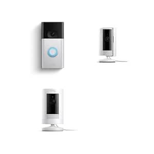 Ring Video Doorbell (Satin Nickel) with Ring Stick Up Cam (Plug-In) and Ring Indoor Cam, White