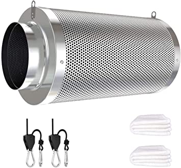 Vanleno 6inch Carbon Filter Odor Control with Australia Virgin Charcoal Two Prefilter 1 Pair Rope Ratchet Included for Inline Duct Fan, Grow Tent, Hydroponics, Odor Scrubber