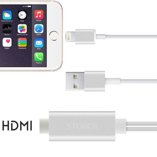 iPhone Lightning to HDMI Cable, STOUCH 6.6 Ft Lightning MHL To HDMI Cable 1080P HDTV Adapter For iPhone 5 5S 6 6s plus and iPad mini/air/pro 4G Cellular (Silver)