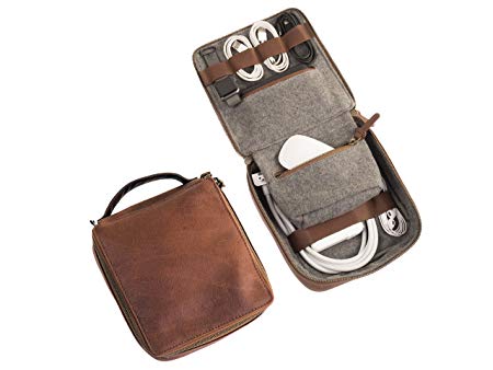 Dwellbee Travel Electronic Accessories and Cable Organizer, Small (Buffalo Leather, Brown)