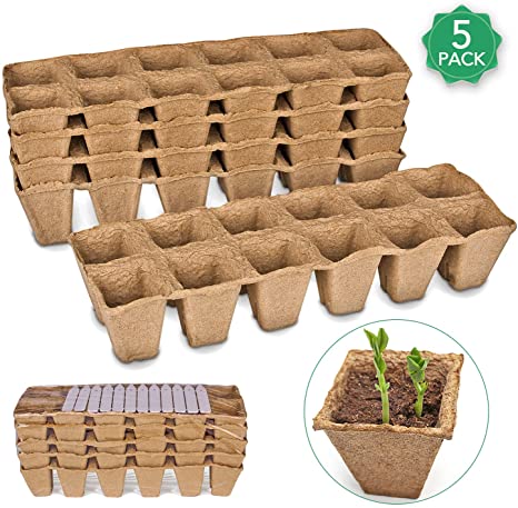Seed Starter Peat Pots Kit for Garden Seedling Tray ANGTUO 100% Eco-Friendly Organic Germination Seedling Trays Biodegradable 5 Pack - 60 Cells 12 Plastic Plant Markers Included