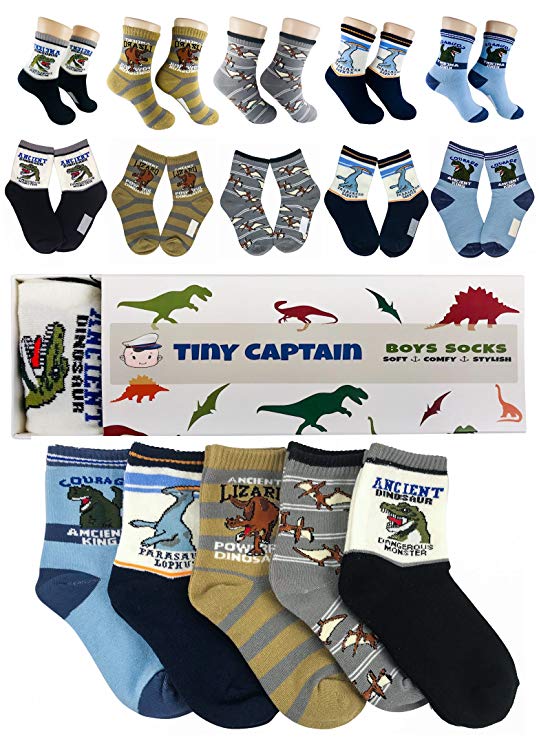 Tiny Captain Boy Dinosaur Socks 4-7 Year Old Boys Crew Cotton Sock Perfect Age 5 Gift Set