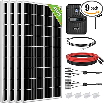 ECO-WORTHY 400 Watt 12 Volt Premium Solar Panel Kit :4pcs 100W Solar Panel  40A MPPT Charge Controller  Bluetooth Module  Mounting Z Brackets, 400W 12V Solar Power Off Grid System for Home, RV, Boat.