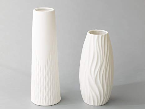 Opps White Ceramic Vases With Special Modern Wave Pattern Design For Home Décor – Set Of 2