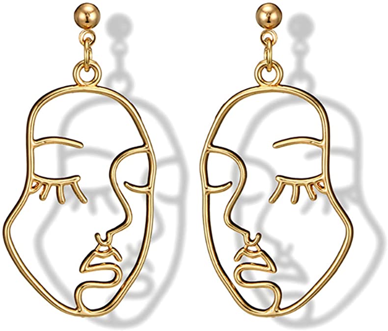 Pierced Gold Abstract Geometric Face Earrings Gold Tone Hollow Earrings for Women Fashion Vintage Accessories New year Gift