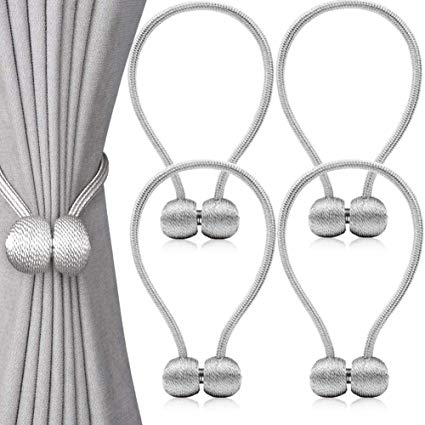 Magnetic Curtain Tiebacks Convenient Drape Tie Backs,Home Office Decorative Rope Holdbacks/Holder for Window Sheer and Blackout Panels Curtain Decor Gray 4 PCS
