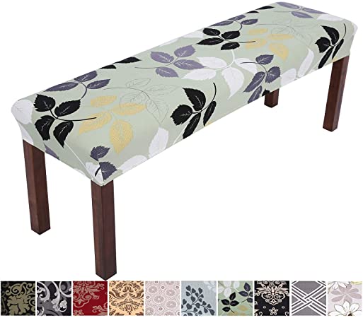 Comqualife Stretch Spandex Printed Dining Bench Cover - Anti-Dust Removable Upholstered Bench Slipcover Washable Bench Seat Protector for Living Room, Bedroom, Kitchen (Green Leaves)