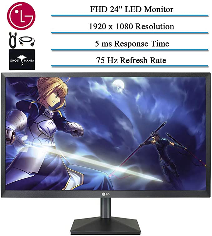 2020 LG 24” IPS LED FHD FreeSync Monitor for Business and Student, 5 ms Response Time, 75 hz Refresh Rate, 178°, VGA, HDMI, 1000:1, Windows 10 w/Ghost Manta Accessories