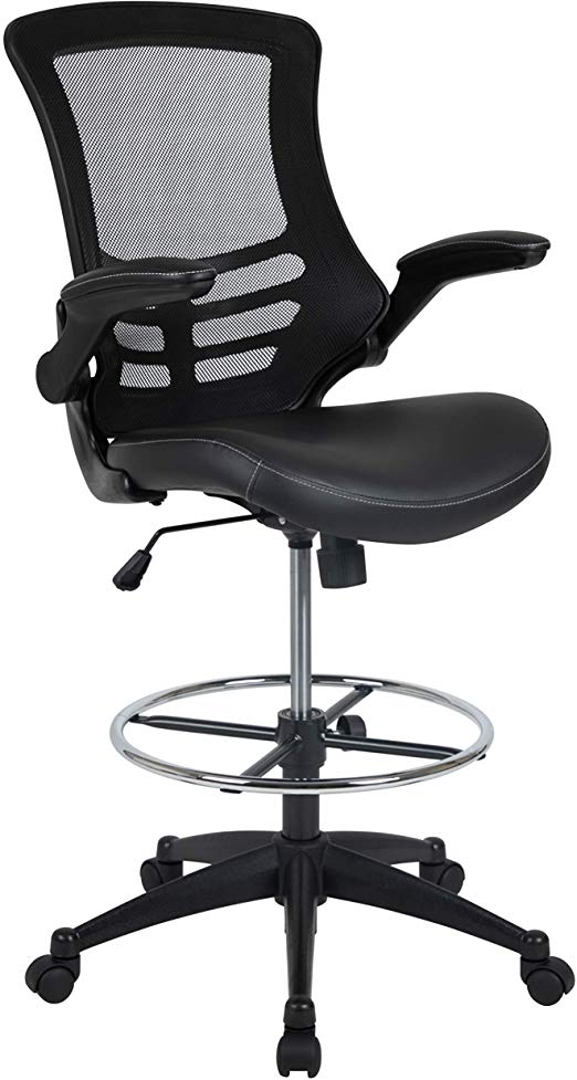 Flash Furniture Mid-Back Black Mesh Ergonomic Drafting Chair with LeatherSoft Seat, Adjustable Foot Ring and Flip-Up Arms