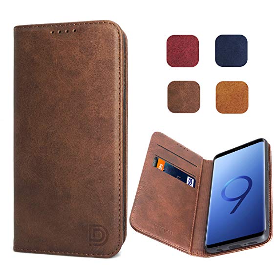 Samsung Galaxy S9 Case, Samsung Galaxy S9 Flip Case in Dark Brown for Men, Dekii [Strong Magnetic No Buckle] Leather Wallet Case with Credit Card Slots for Samsung Galaxy S9
