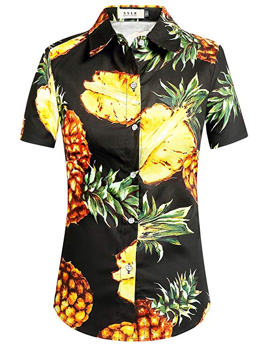 SSLR Women's Printed Button Down Short Sleeve Cotton Hawaiian Shirts