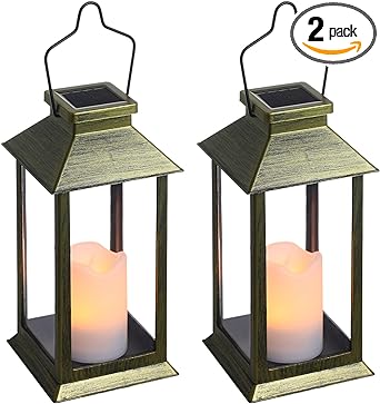 Tomshine 2 Pack Solar Lanterns, Outdoor Garden Hanging Lanterns, 11.8 Inch LED Flickering Flameless Candle Lights for Table Patio (Green)